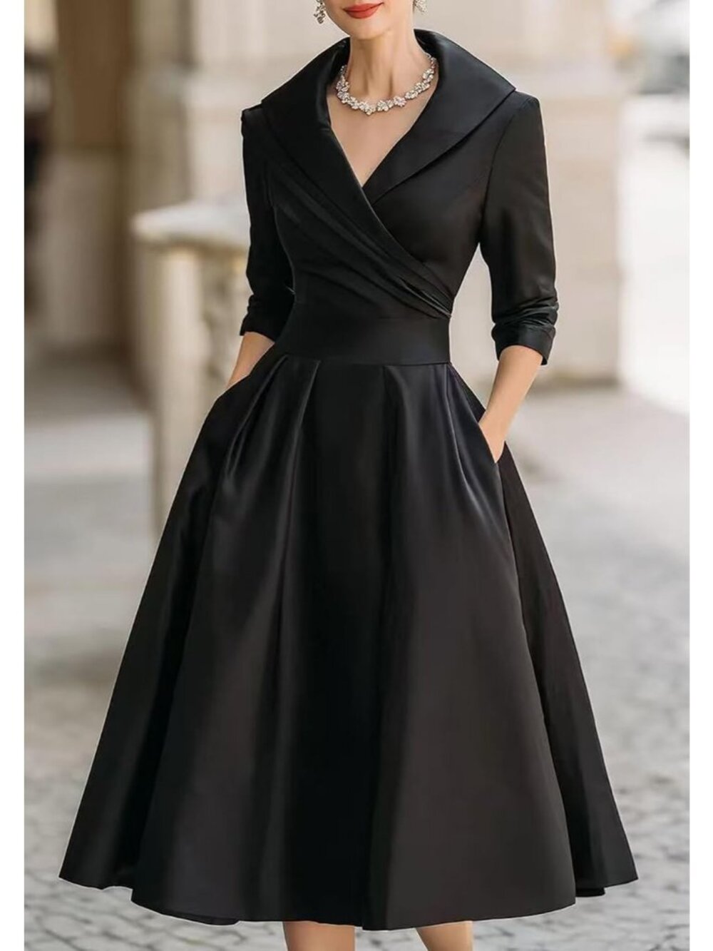 Women's Black Wrap Long Sleeve V-Neck Silky Casual Elegant Midi Church Dress - Picture 3 of 5